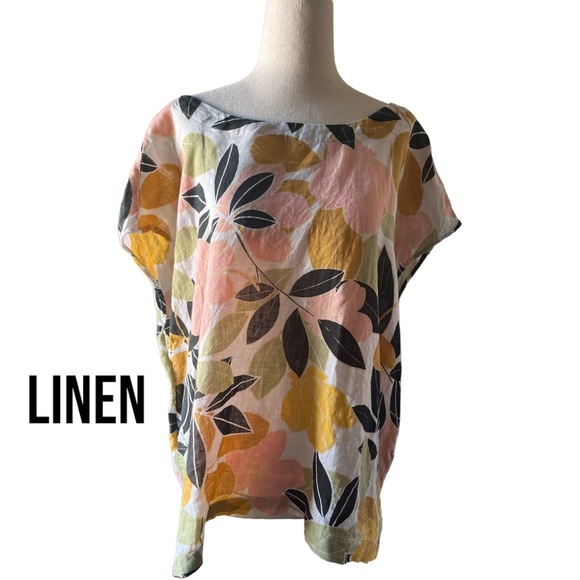 Rachel Zoe Tops - Rachel Zoe Boat Neck Pink Mustard Black Cream Floral LINEN Top Button Back XL